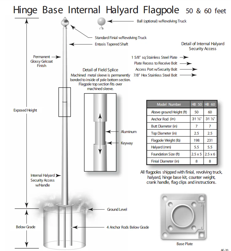 Fiberglass Flagpole - 60' - Internal Winch - Black - Hinge Base - 2 Piece *Clearance* - Image 2