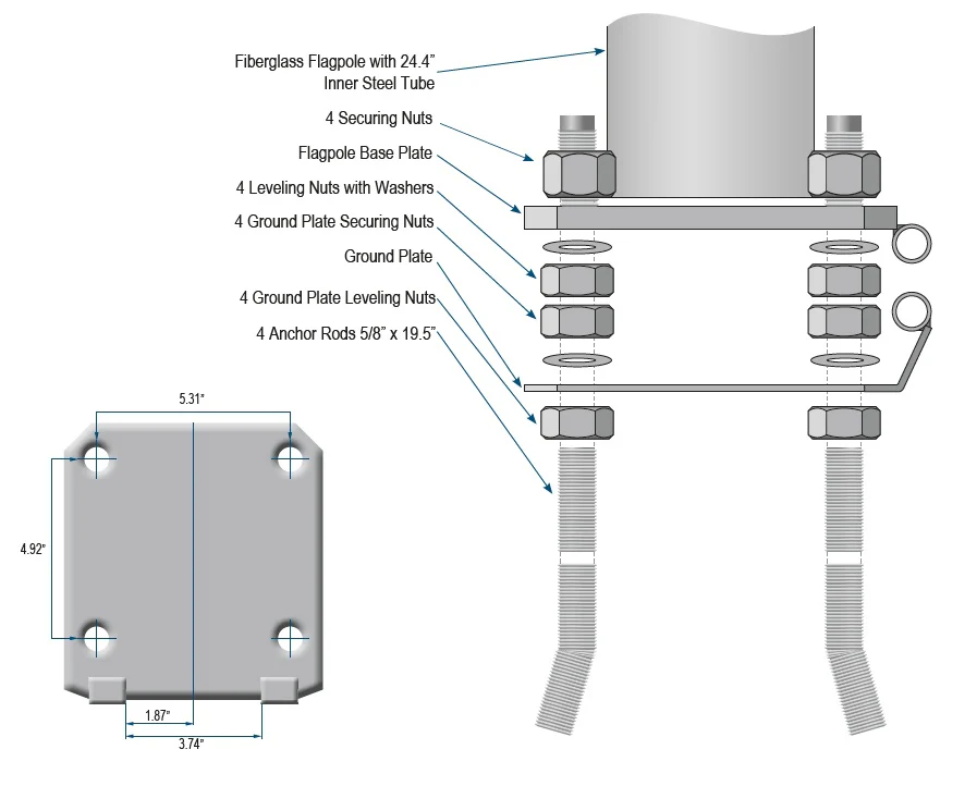 Square Hinge Base Kit for 20'-40' Atlantic Fiberglass Flagpole