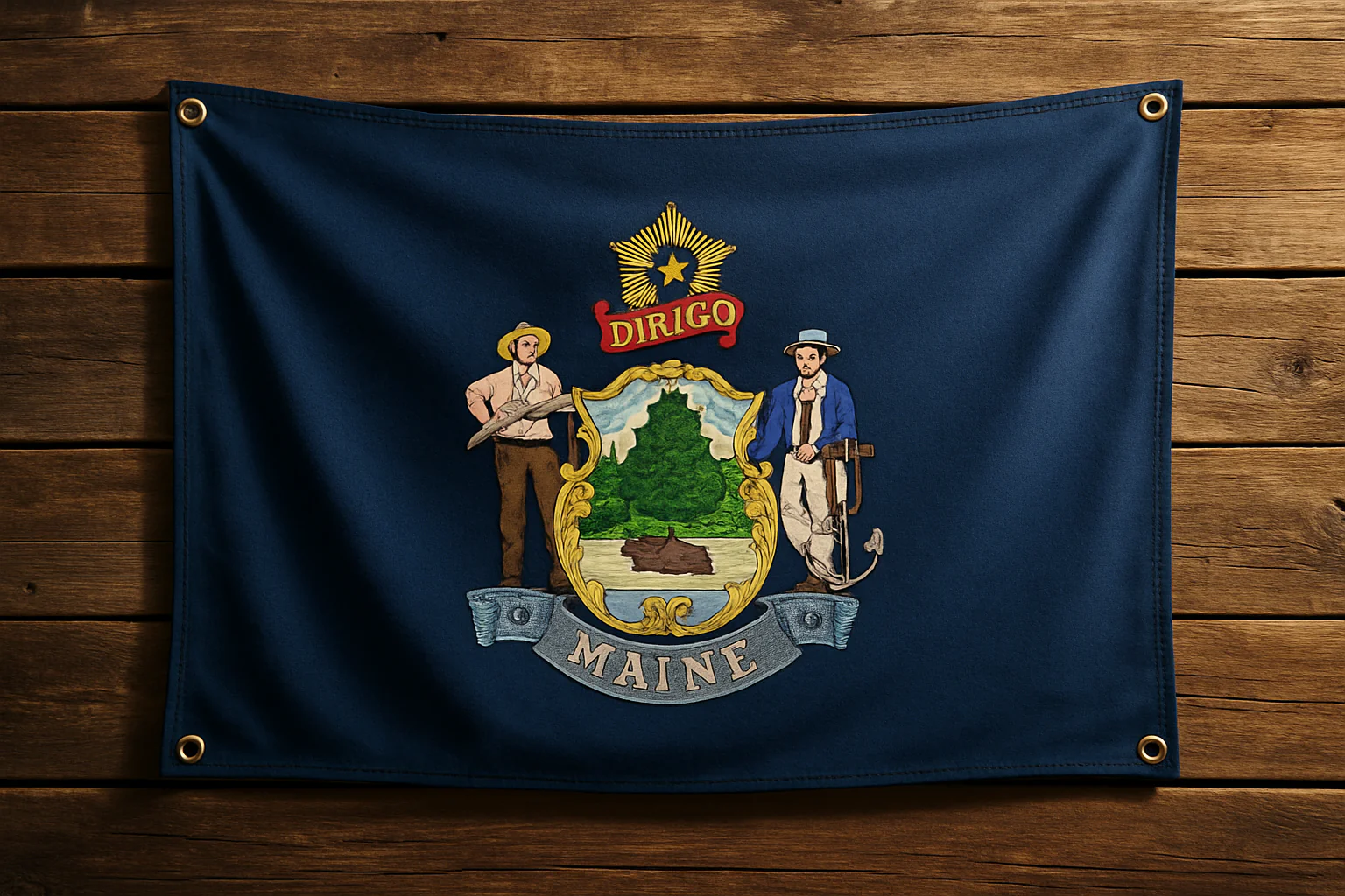 Maine Flag with Grommets Along the Edges for Wall Hanging