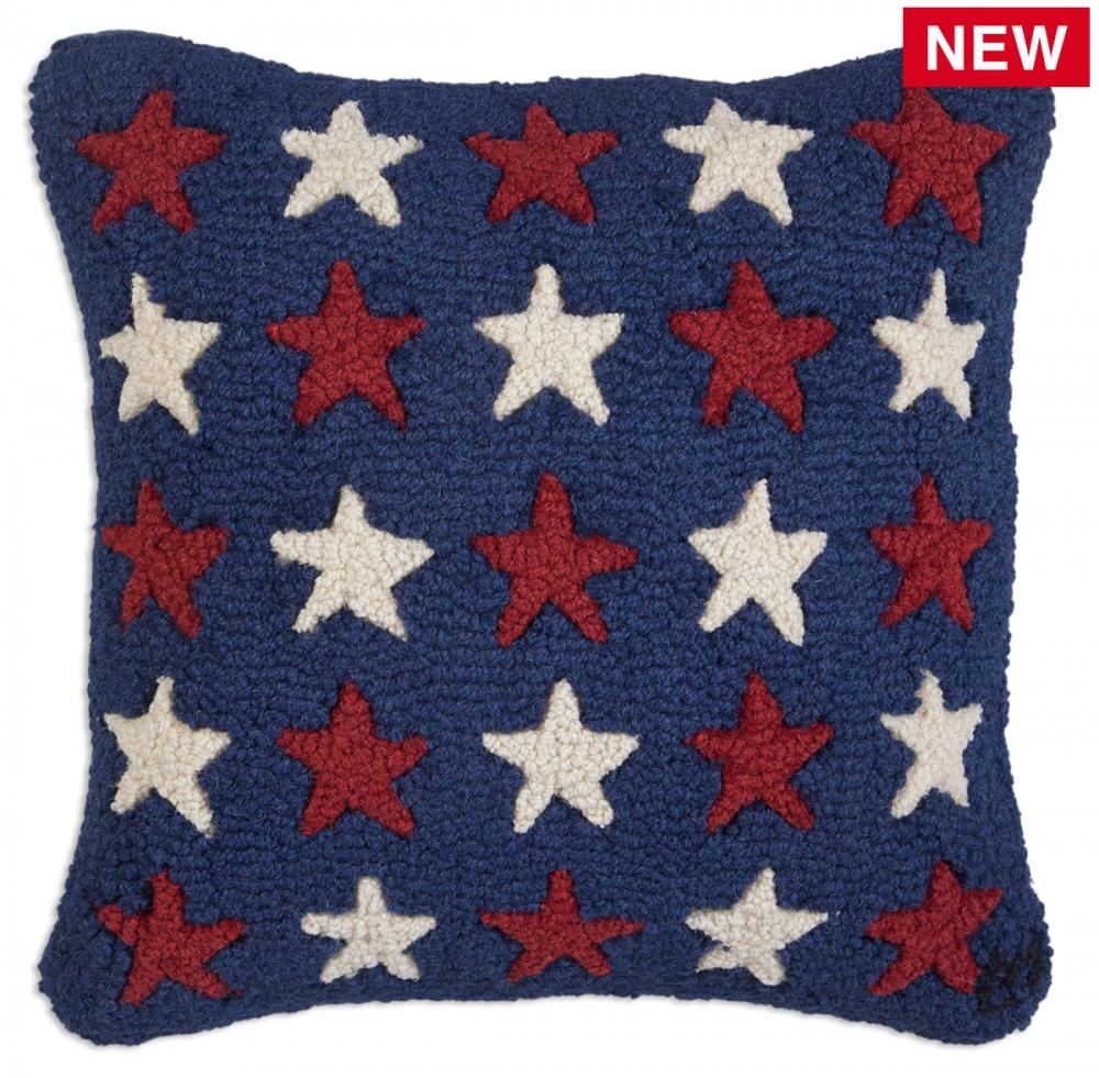 Many Stars Red/White on Blue 18" Hooked Wool Pillow