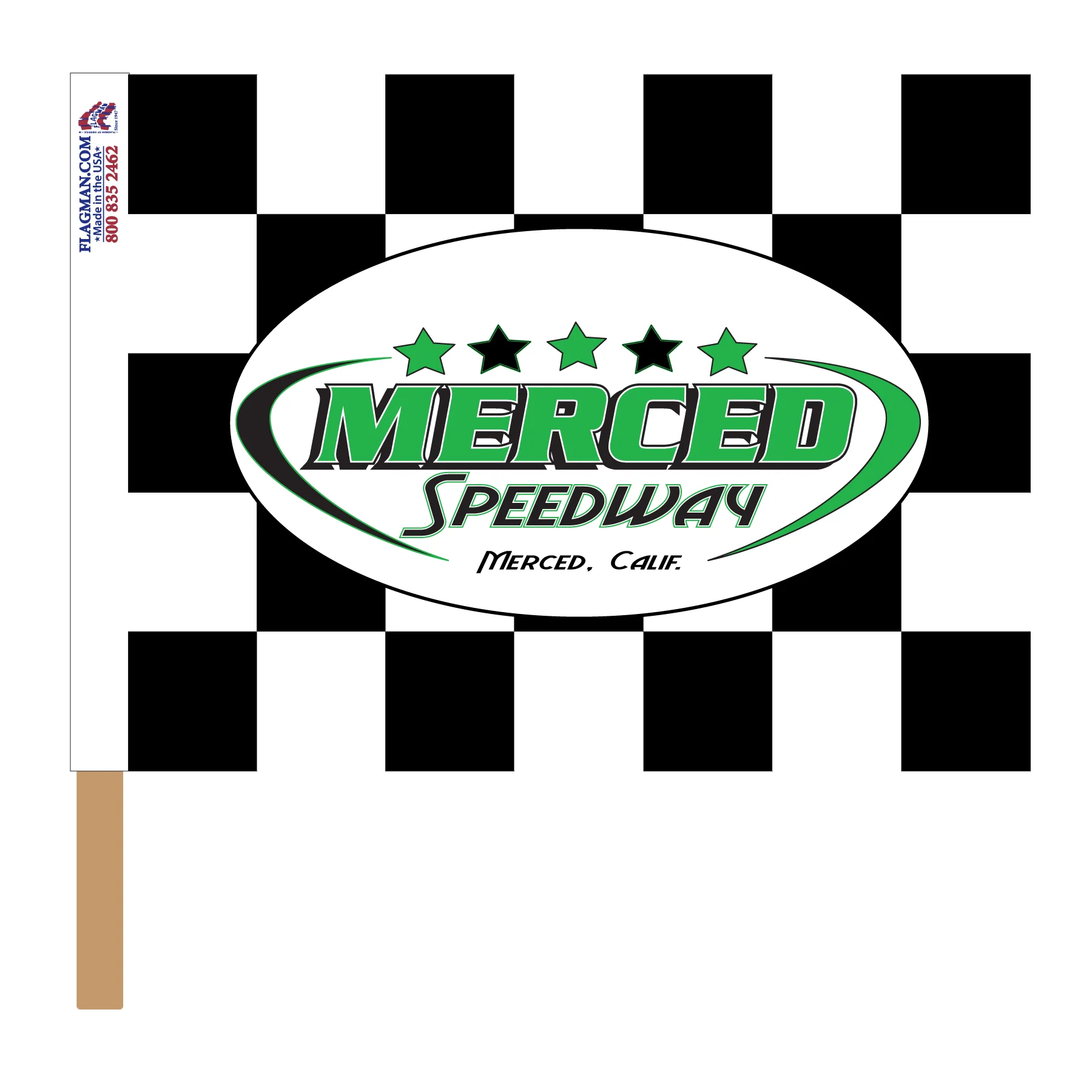 Merced Speedway Printed Checkered Flag - 24"x30" - Nylon - Single Reverse - Stapled to 32"x5/8" Dowel