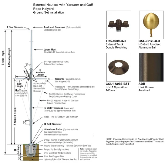 Nautical Aluminum Flagpole w/ Yardarm & Gaff - Image 6