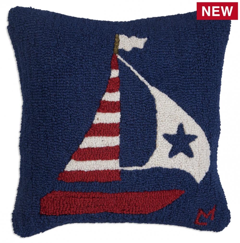US Flag Boat 18" Hooked Wool Pillow