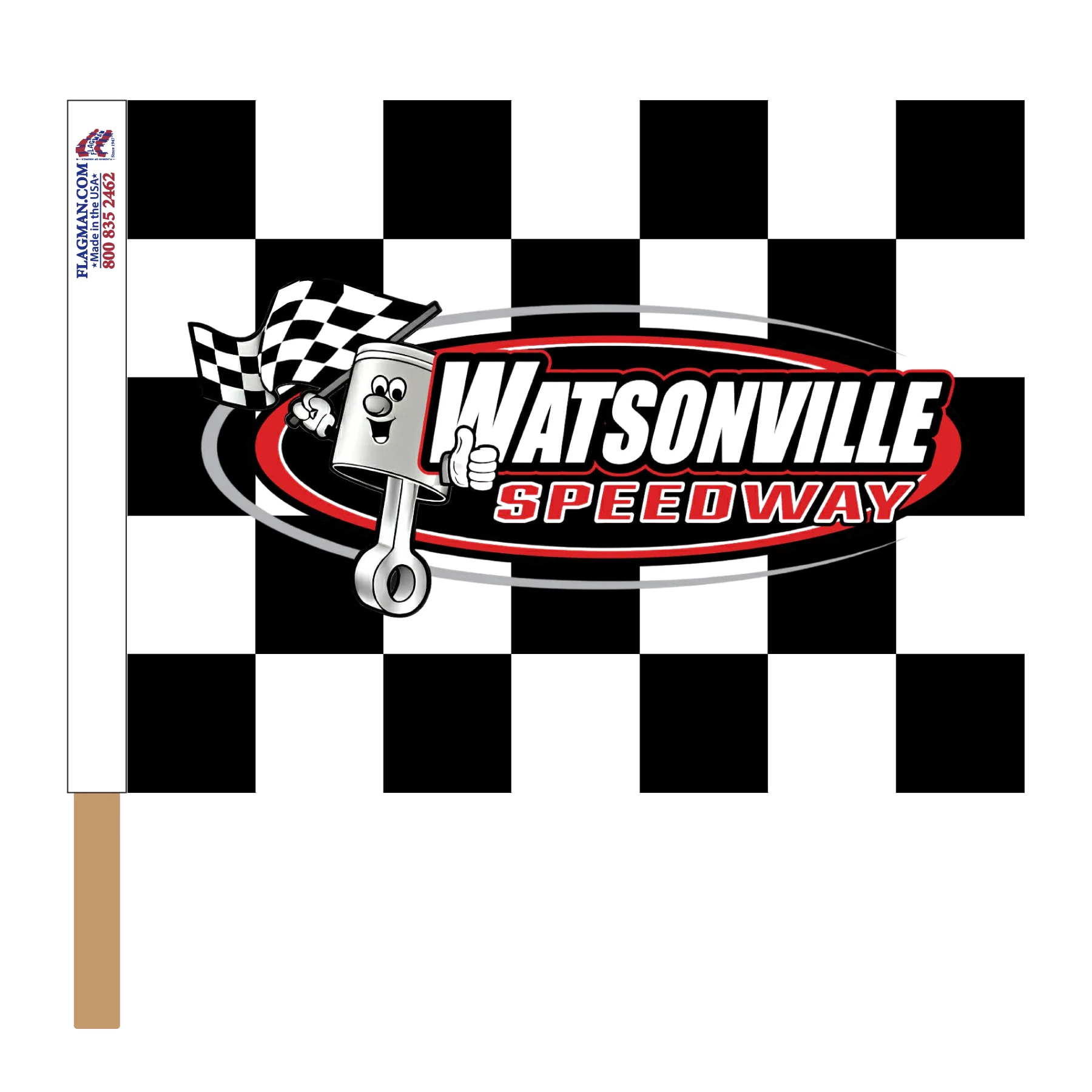 Watsonville Speedway Printed Checkered Flag - 24"x30" - Stapled to 32"x5/8" Dowel | Made in USA